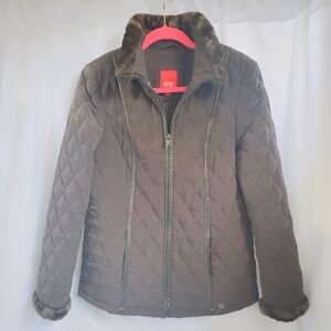 ESPRIT VTG Women's Brown Faux Fur Collar & Cuffs Quilted Jacket Zip Front Piping